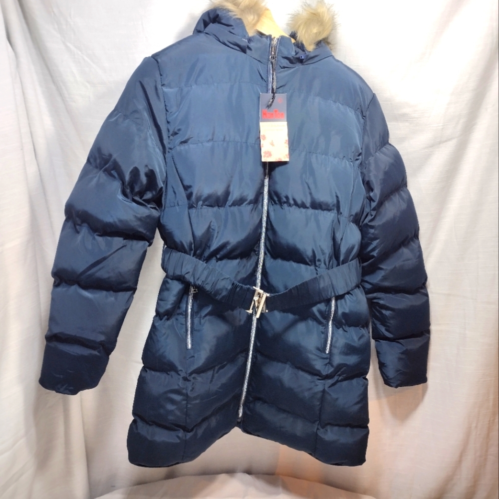 Hanton Navy Blue Faux Fur Lined Detachable Hood Puffer Jacket